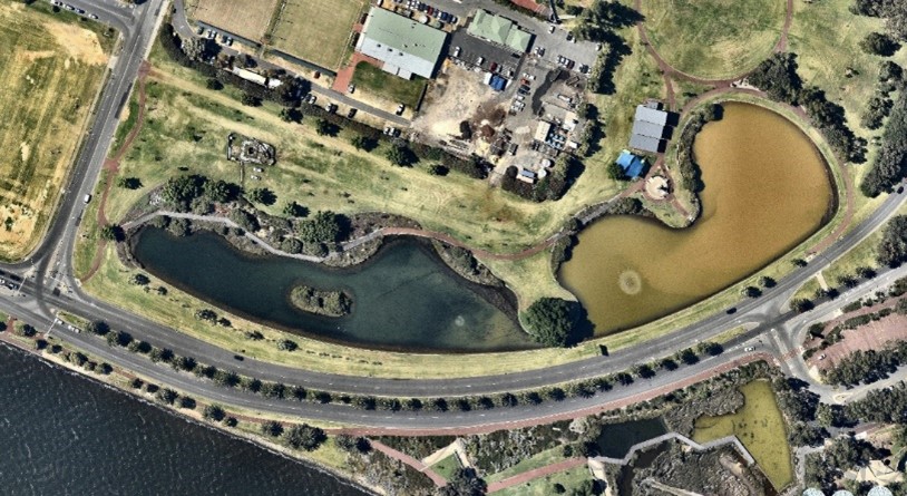 Ozone Park, Perth, WA. Aerial view showing murky lake water before the Elliotts Iron Filtration System was installed